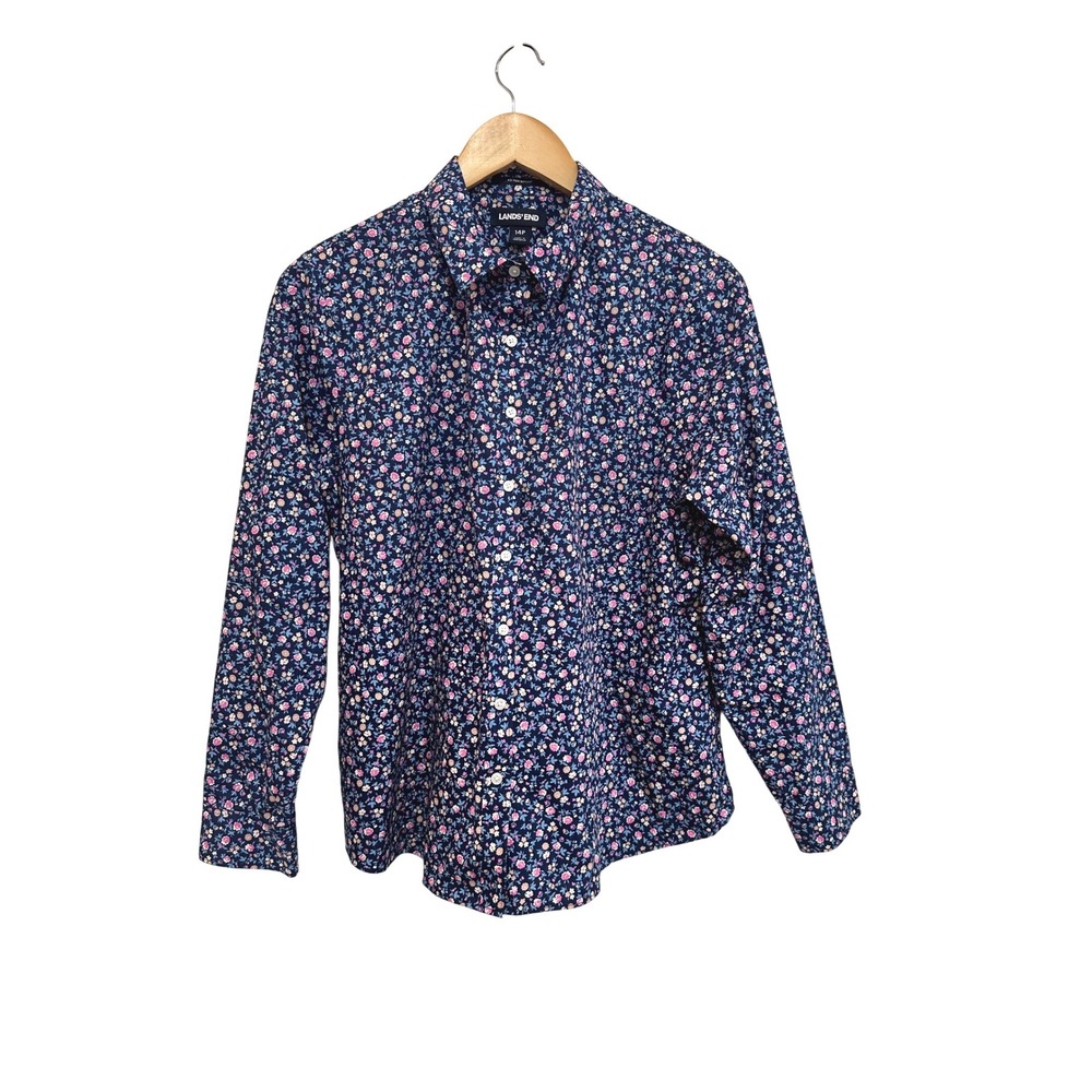 Lands End No Iron Supima Cotton Floral Button Down Shirt Navy Pink 14P